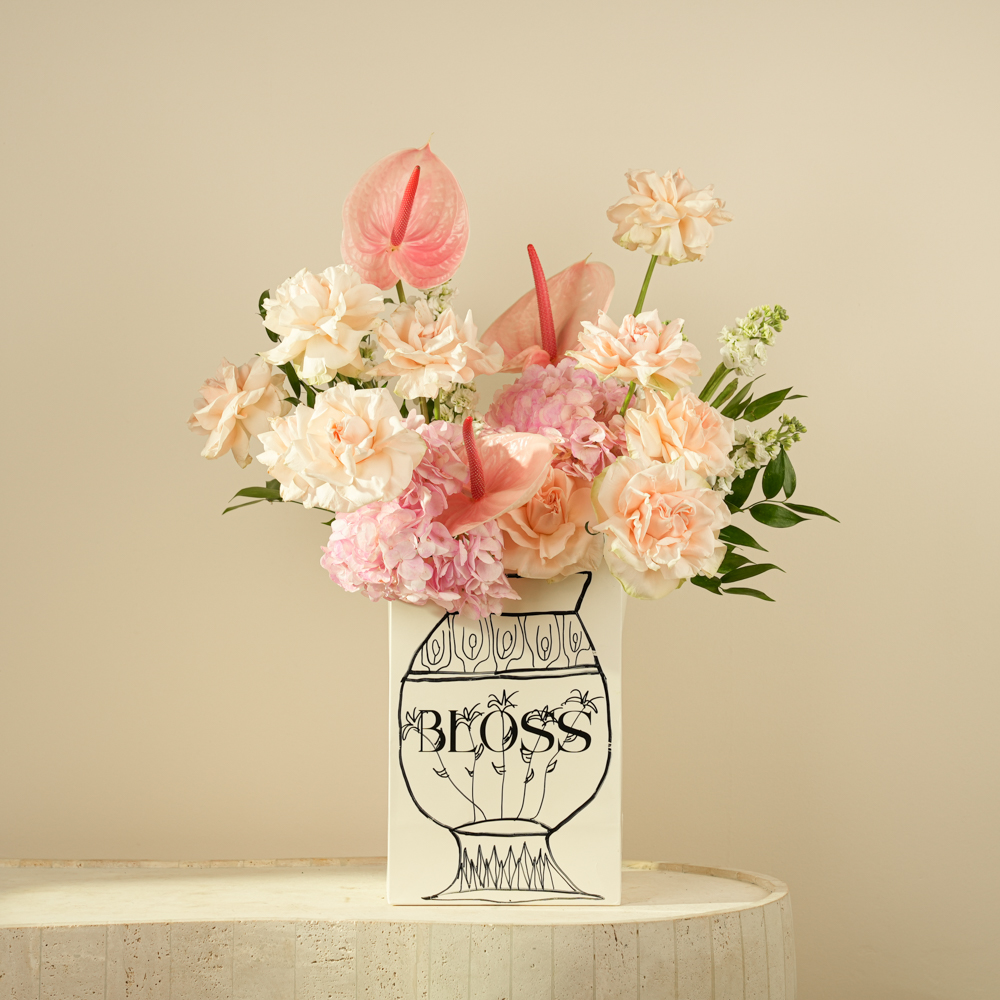 Bloss Petal Symphony – Pastel Rose & Anthurium Vase