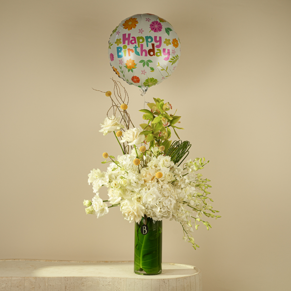 Birthday Ivory Bloom – White Luxury Vase with Balloon