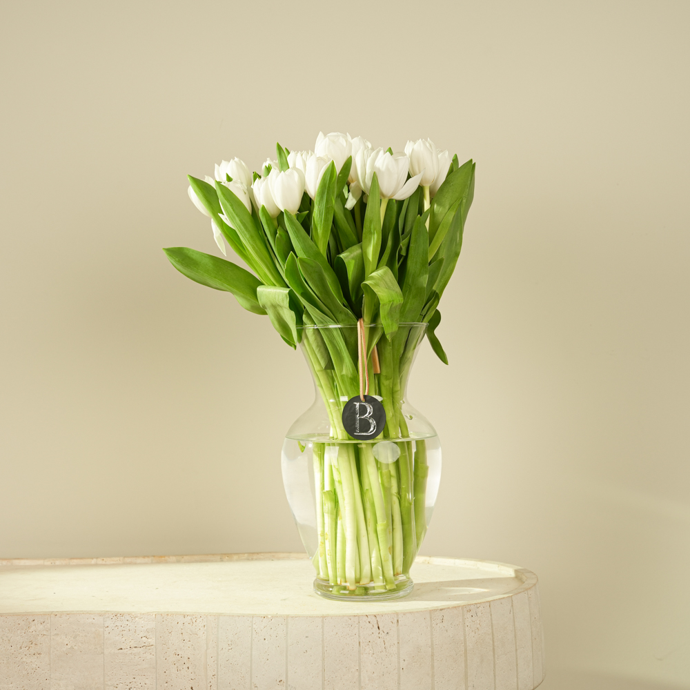 White Tulip Arrangement in Glass Vase