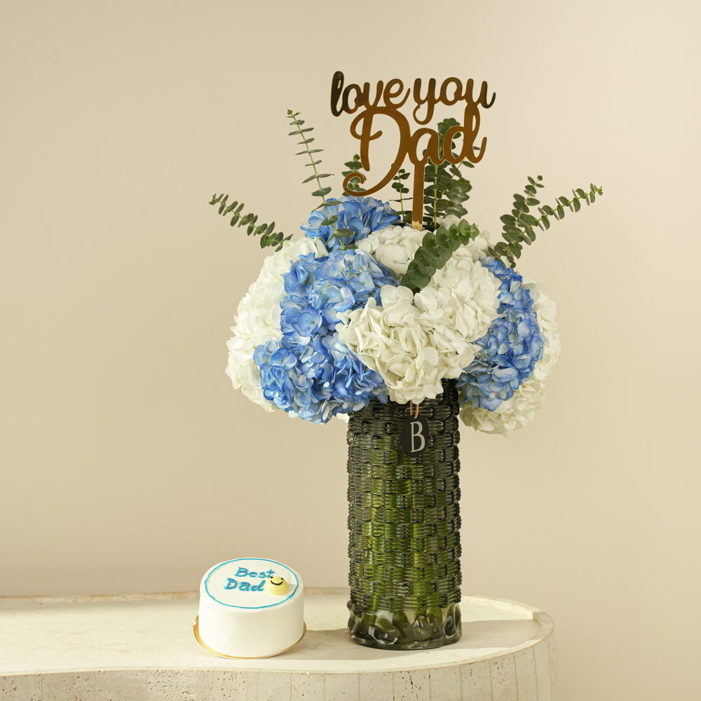 Ocean Breeze Hydrangea Vase & "Best Dad" Bento Cake Gift Set