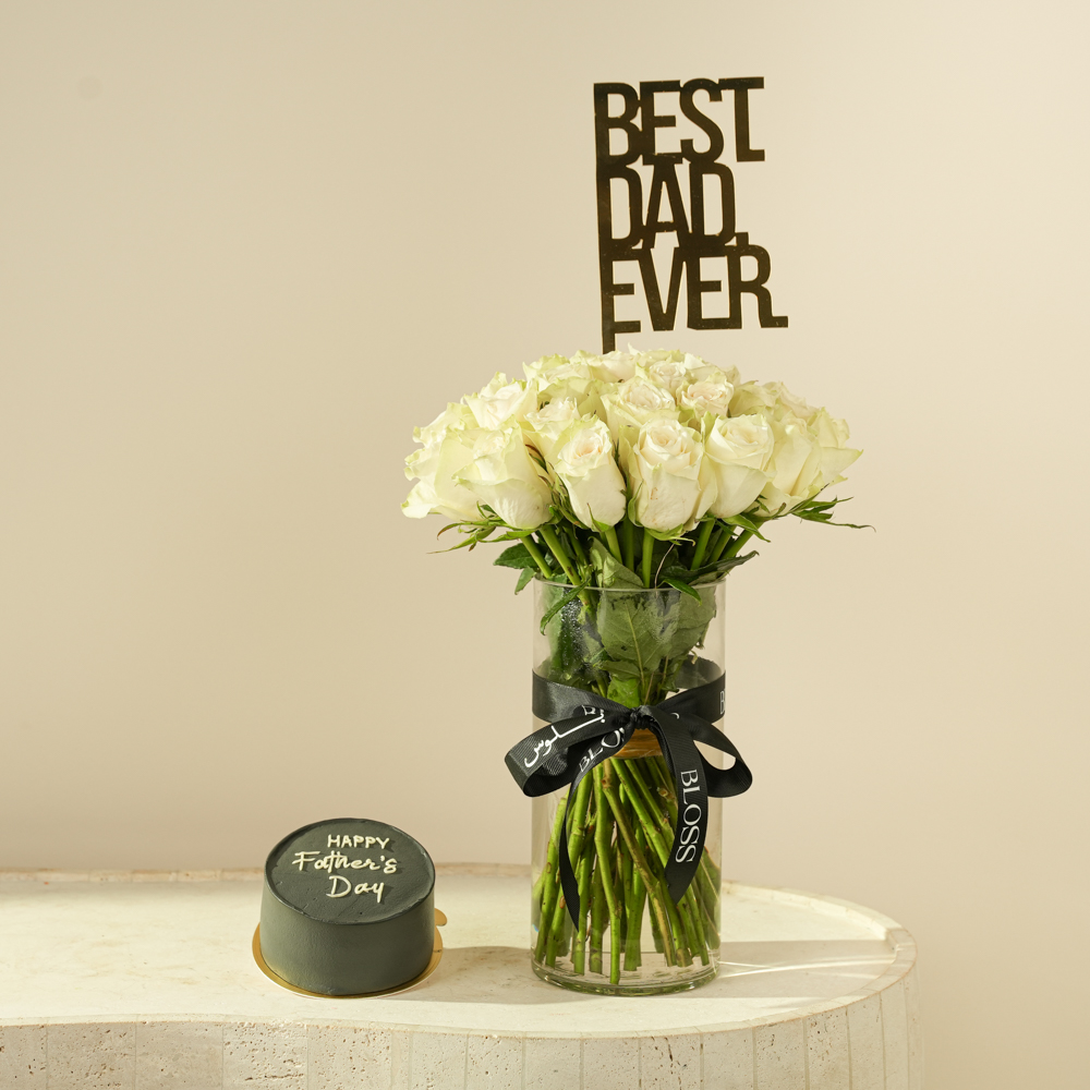 Elegant White Roses Cylinder Vase & Minimalist "Happy Father's Day" Bento Cake Set