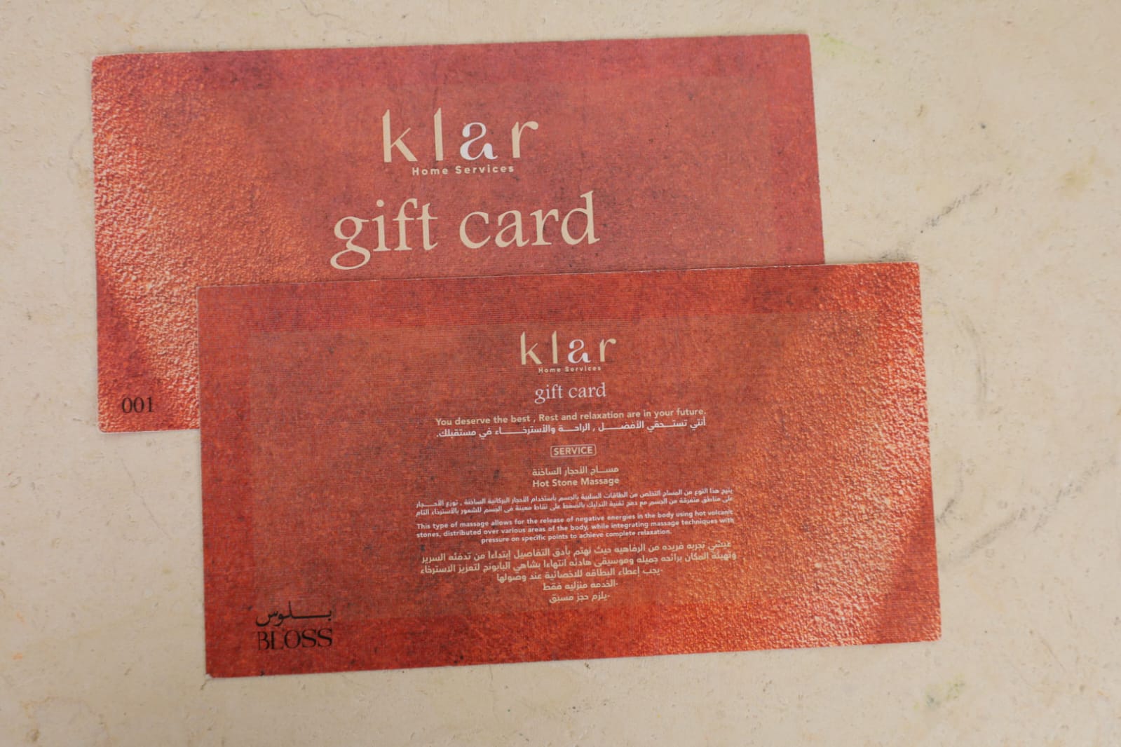 Klar & BLOSS Gift Card - Hot Stone Massage (Home Services)