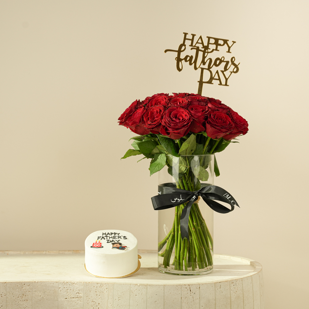 Classic Red Roses Cylinder Vase & "Super Dad" Bento Cake Gift Set