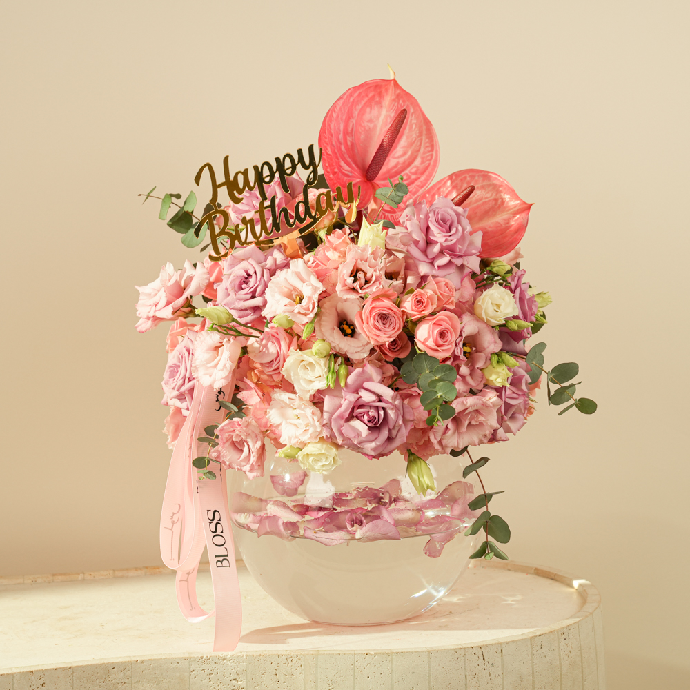 Bloss Luxury "Happy Birthday" Mixed Flower Arrangement in Glass Vase