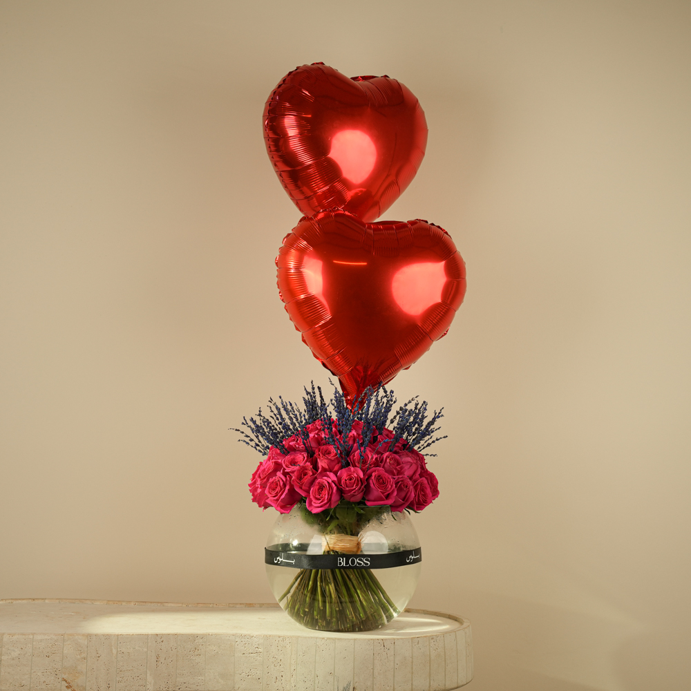 Hearts & Roses Delight – Pink Love Vase with Balloons