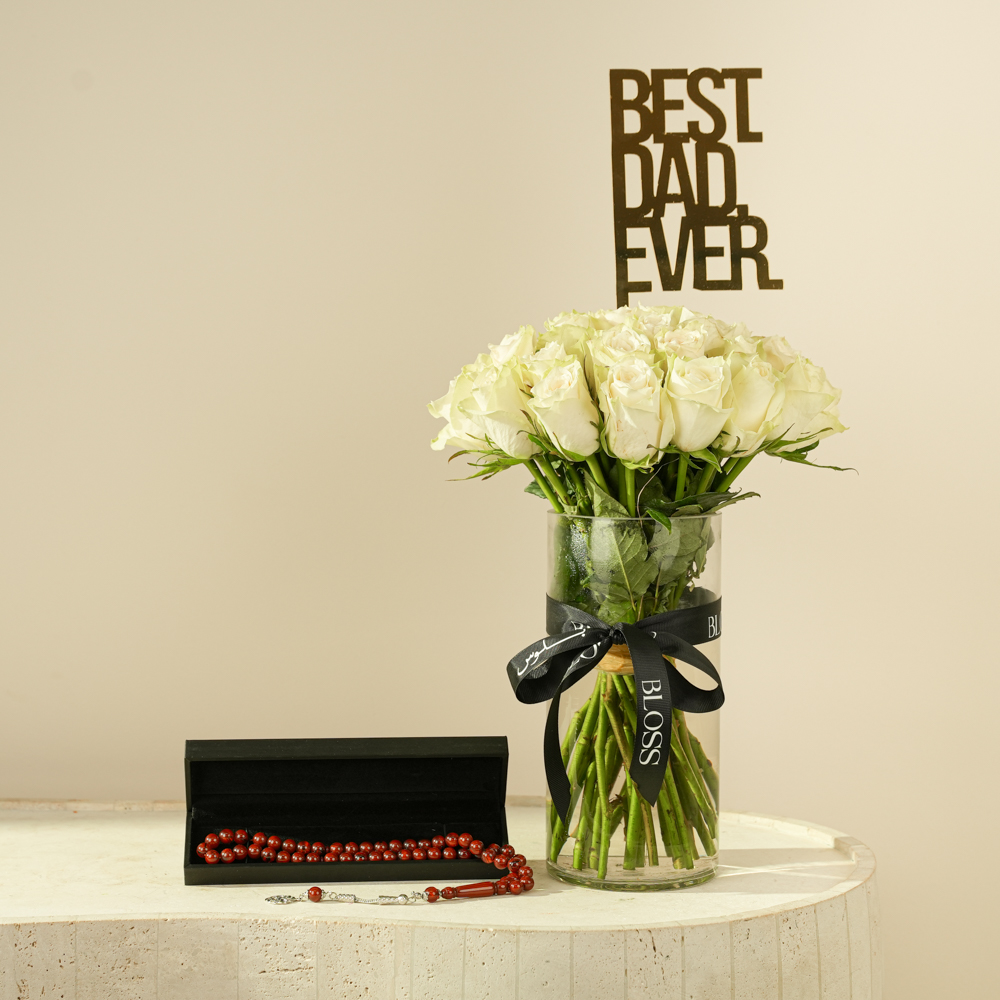 Luxury White Roses Cylinder Vase & Premium Misbaha Gift Set