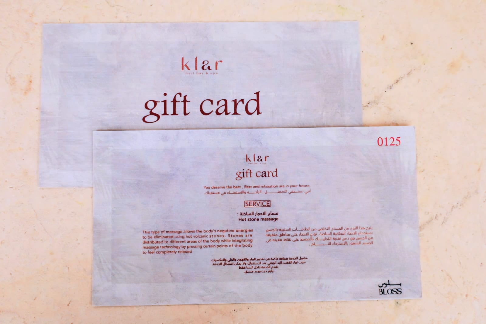 Klar  Spa & BLOSS Gift Card - Hot Stone Massage (Spa Services)