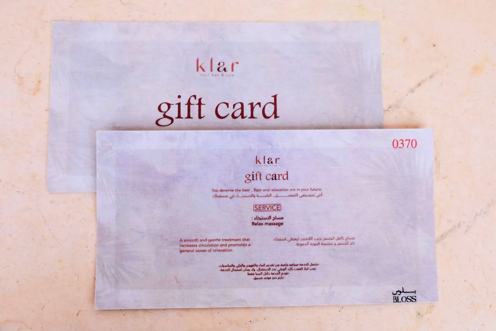 Klar Spa & BLOSS Gift Card - Relax Massage  (Spa Services))